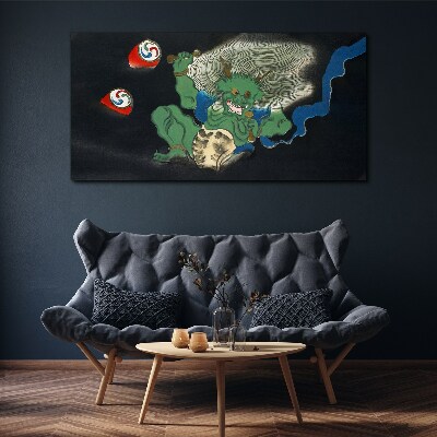 Green demon with a drum Canvas wall art