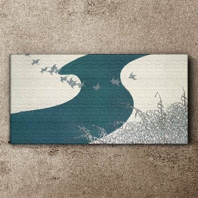 A calm river with birds flying away Print on canvas