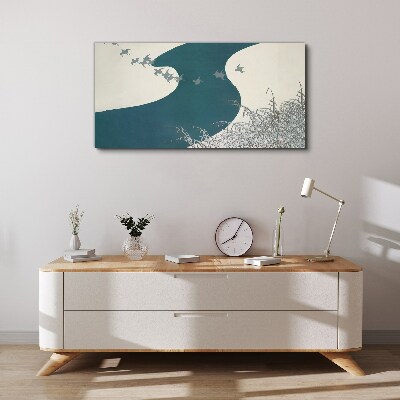 A calm river with birds flying away Print on canvas