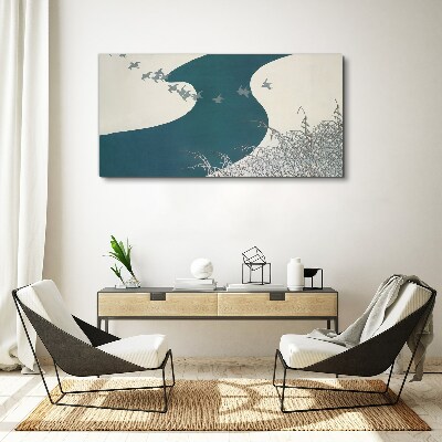 A calm river with birds flying away Print on canvas