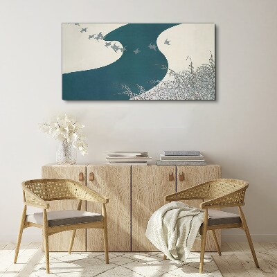 A calm river with birds flying away Print on canvas