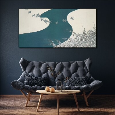 A calm river with birds flying away Print on canvas