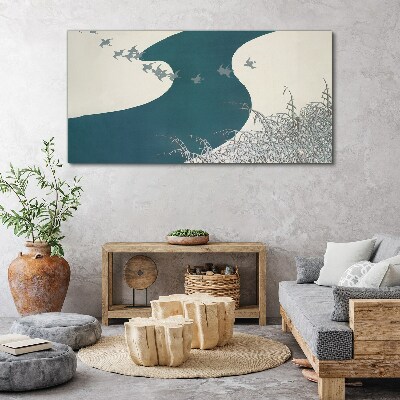 A calm river with birds flying away Print on canvas