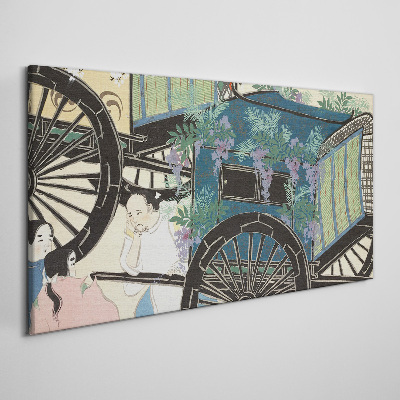 A scene with a stroller and flowers in the background Print on canvas
