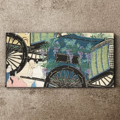 A scene with a stroller and flowers in the background Print on canvas