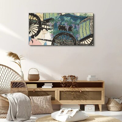 A scene with a stroller and flowers in the background Print on canvas