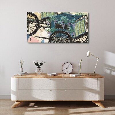 A scene with a stroller and flowers in the background Print on canvas