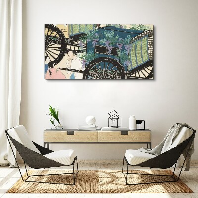 A scene with a stroller and flowers in the background Print on canvas