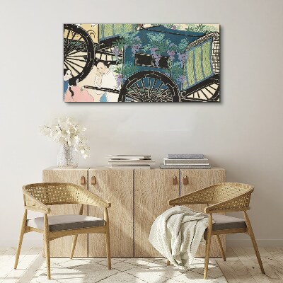 A scene with a stroller and flowers in the background Print on canvas