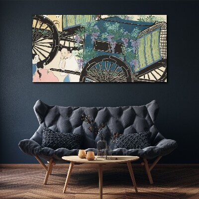 A scene with a stroller and flowers in the background Print on canvas