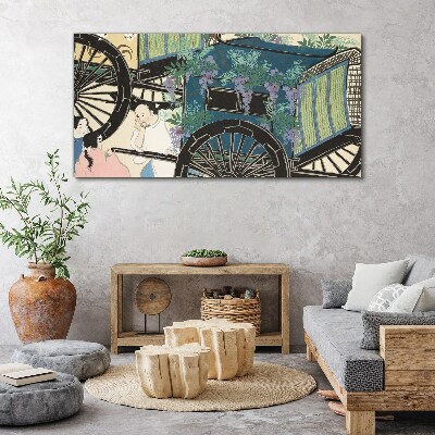 A scene with a stroller and flowers in the background Print on canvas