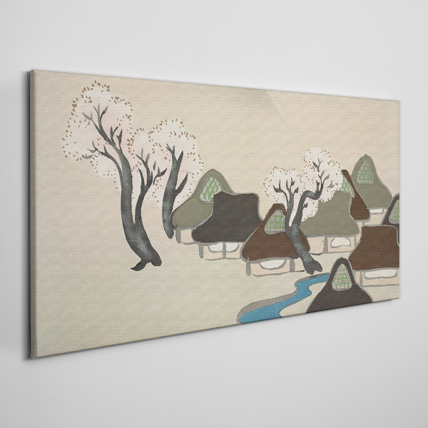 A peaceful landscape with houses and trees Print on canvas