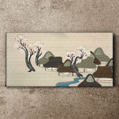 A peaceful landscape with houses and trees Print on canvas