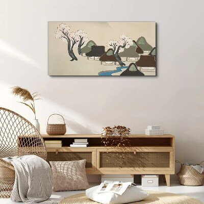 A peaceful landscape with houses and trees Print on canvas