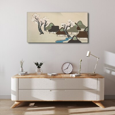 A peaceful landscape with houses and trees Print on canvas