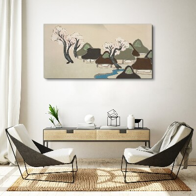 A peaceful landscape with houses and trees Print on canvas