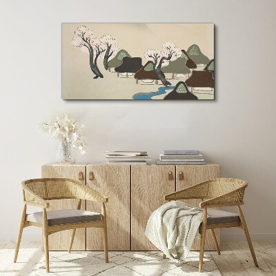 A peaceful landscape with houses and trees Print on canvas