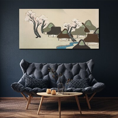 A peaceful landscape with houses and trees Print on canvas