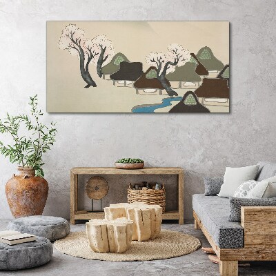 A peaceful landscape with houses and trees Print on canvas