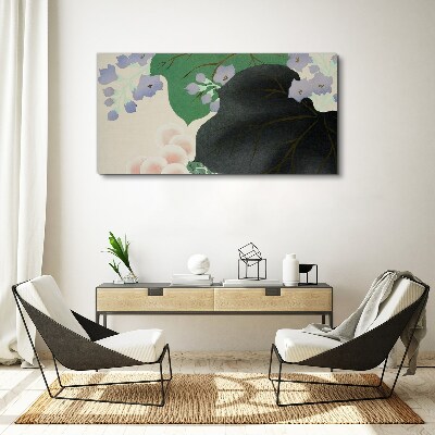 Green leaf with flowers Canvas wall art