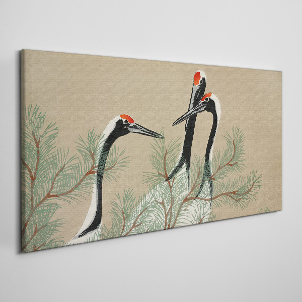 Three cranes among the pine branches Print on canvas