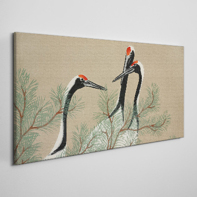 Three cranes among the pine branches Print on canvas