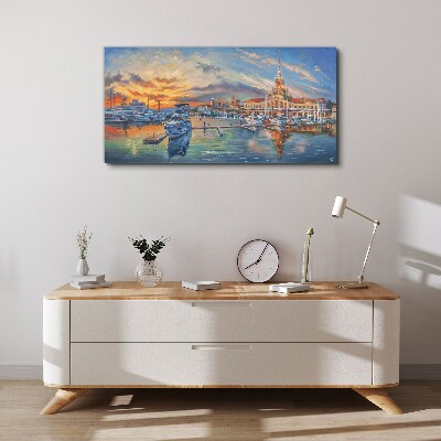 Sunset over the port Canvas wall art
