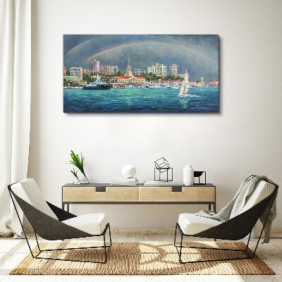 Sea panorama with a rainbow Print on canvas