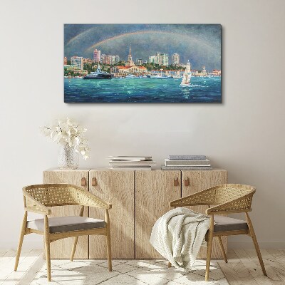 Sea panorama with a rainbow Print on canvas