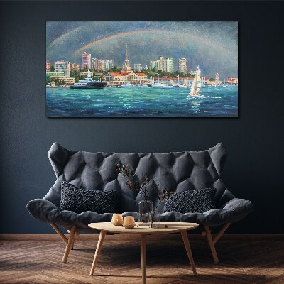 Sea panorama with a rainbow Print on canvas
