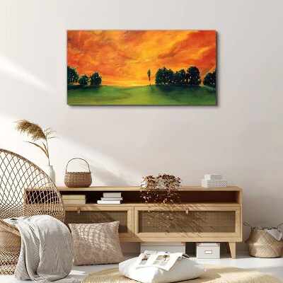 Sunset over the green hill Canvas wall art