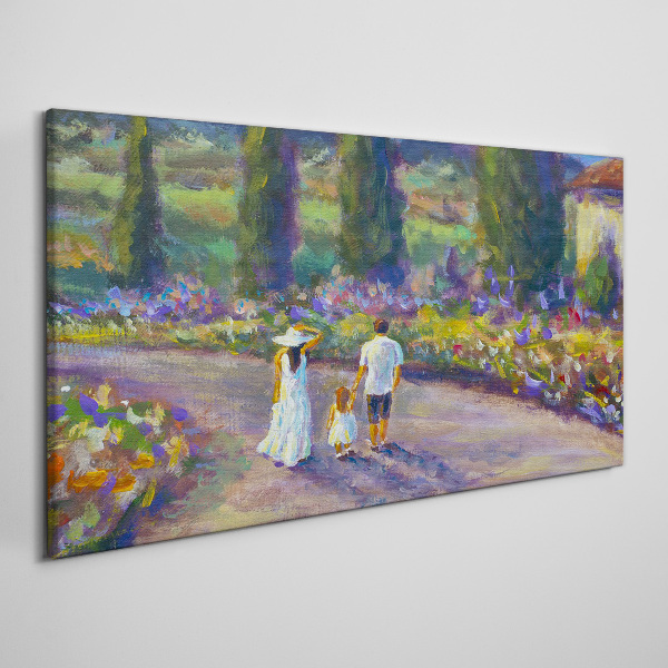 Family walk in a colorful garden Canvas wall art