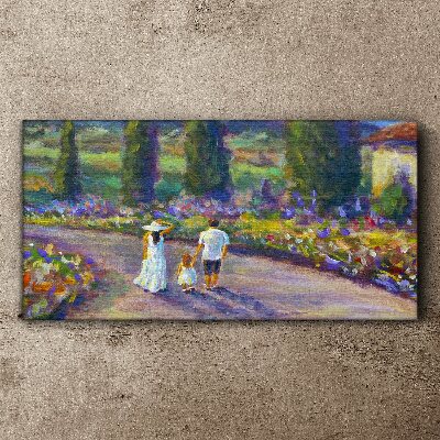 Family walk in a colorful garden Canvas wall art