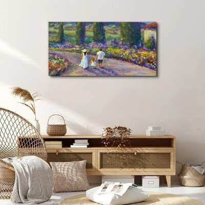 Family walk in a colorful garden Canvas wall art