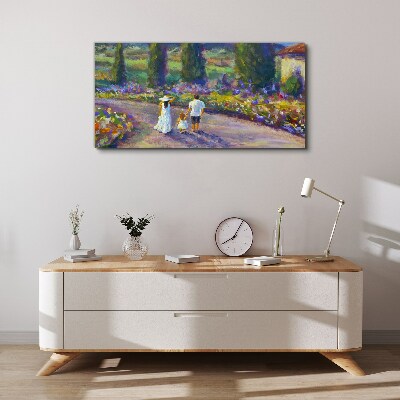 Family walk in a colorful garden Canvas wall art