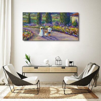 Family walk in a colorful garden Canvas wall art