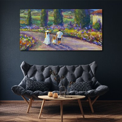 Family walk in a colorful garden Canvas wall art