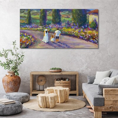 Family walk in a colorful garden Canvas wall art