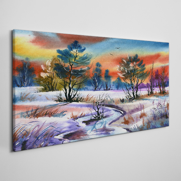 Winter landscape in rainbow colors Canvas wall art