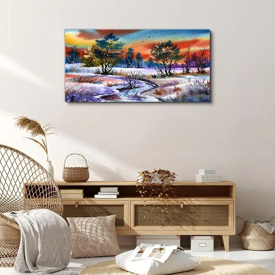Winter landscape in rainbow colors Canvas wall art