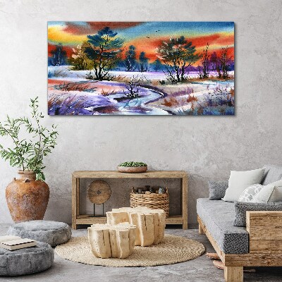 Winter landscape in rainbow colors Canvas wall art