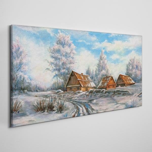 Winter landscape with cottages Canvas wall art
