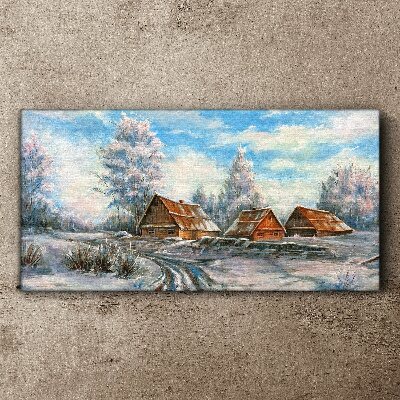 Winter landscape with cottages Canvas wall art