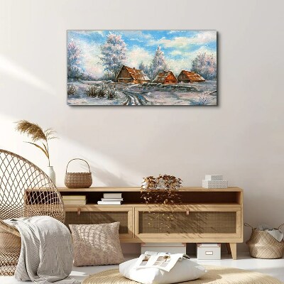 Winter landscape with cottages Canvas wall art