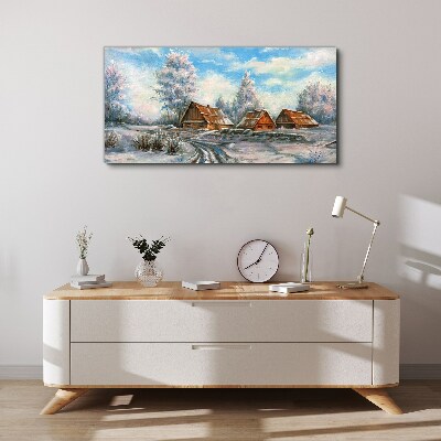 Winter landscape with cottages Canvas wall art