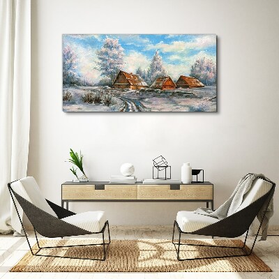 Winter landscape with cottages Canvas wall art
