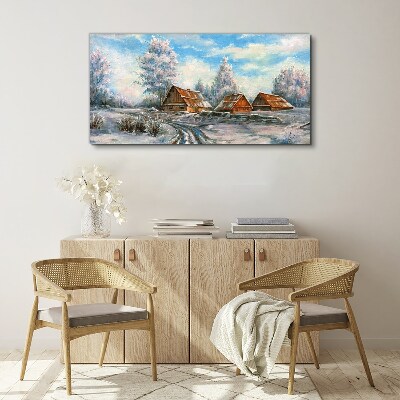 Winter landscape with cottages Canvas wall art