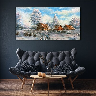 Winter landscape with cottages Canvas wall art