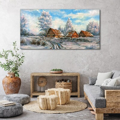 Winter landscape with cottages Canvas wall art