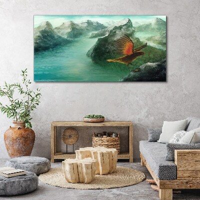 Eagle over a mountain lake Canvas wall art